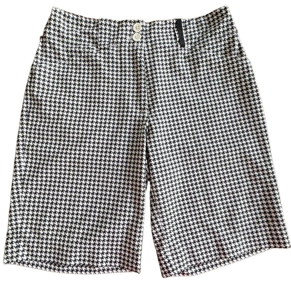 🍀 Nike Golf Womens FitDry Shorts Black White Houndstooth Pockets Logo Zip 2